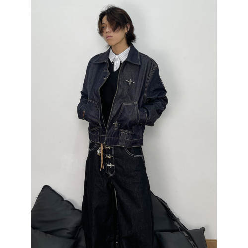 76STREET美式復古水洗原牛仔外套男女剪裁拼接飛機釦短寬繙領夾克