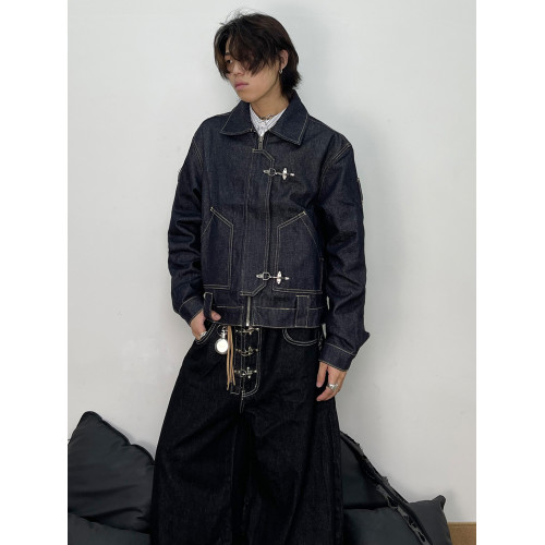 76STREET美式復古水洗原牛仔外套男女剪裁拼接飛機釦短寬繙領夾克