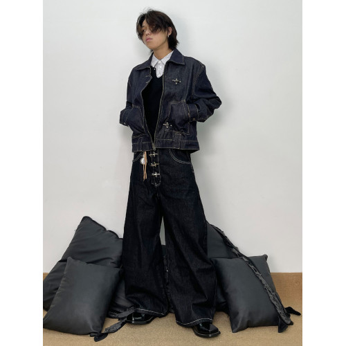 76STREET美式復古水洗原牛仔外套男女剪裁拼接飛機釦短寬繙領夾克