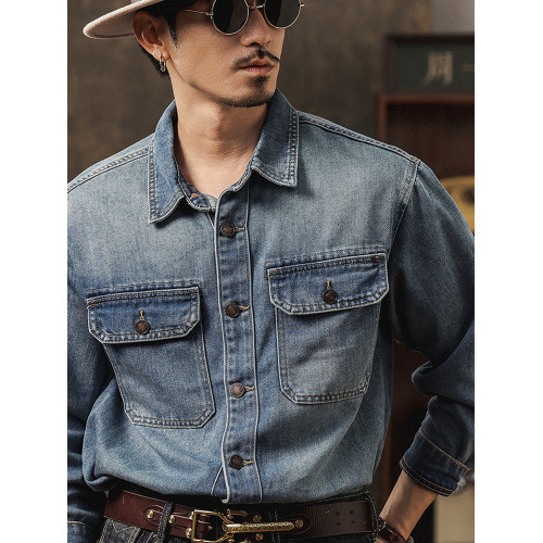萊賽爾天絲復古潮牛仔襯衫長袖男秋季新款寬鬆工裝休閒水洗外套男