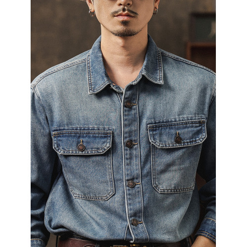 萊賽爾天絲復古潮牛仔襯衫長袖男秋季新款寬鬆工裝休閒水洗外套男