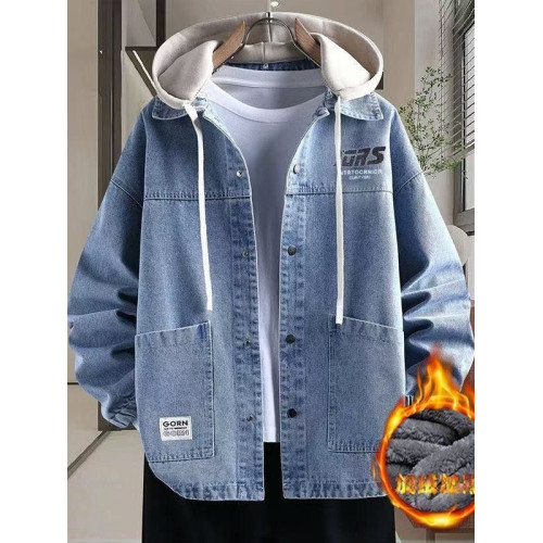 2025年秋冬牛仔外套男青少年寬鬆連帽夾克中學生加厚保暖加絨棉衣