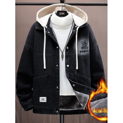 2025年秋冬牛仔外套男青少年寬鬆連帽夾克中學生加厚保暖加絨棉衣