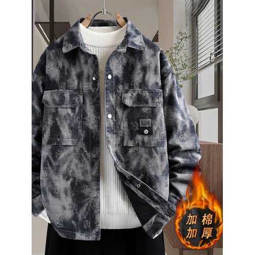 男士牛仔外套秋冬季2025新款紥染潮牌寬鬆青年休閒加棉加厚夾克男