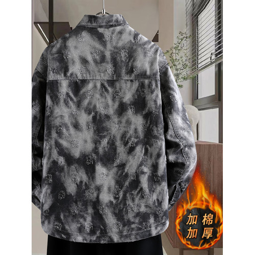 男士牛仔外套秋冬季2025新款紥染潮牌寬鬆青年休閒加棉加厚夾克男