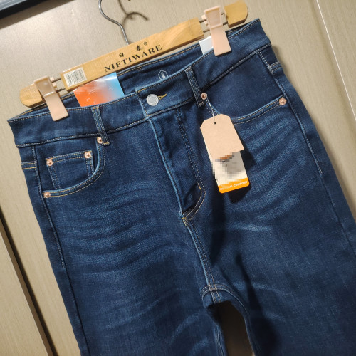 冬季新款男士高彈力高腰一體水貂絨合體小直筒加絨牛仔棉褲