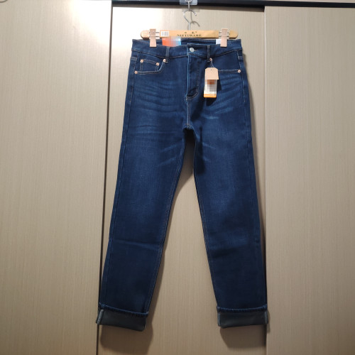 冬季新款男士高彈力高腰一體水貂絨合體小直筒加絨牛仔棉褲