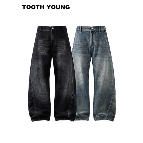 鄭一愛穿搭【街頭入場券】水洗做舊高街男裝春秋彎刀大碼牛仔褲