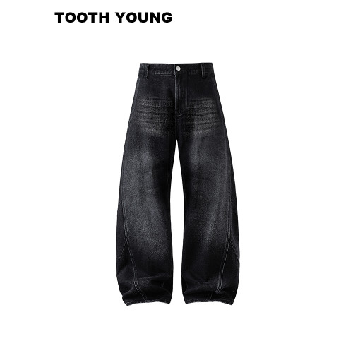 鄭一愛穿搭【街頭入場券】水洗做舊高街男裝春秋彎刀大碼牛仔褲