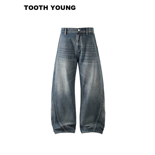 鄭一愛穿搭【街頭入場券】水洗做舊高街男裝春秋彎刀大碼牛仔褲