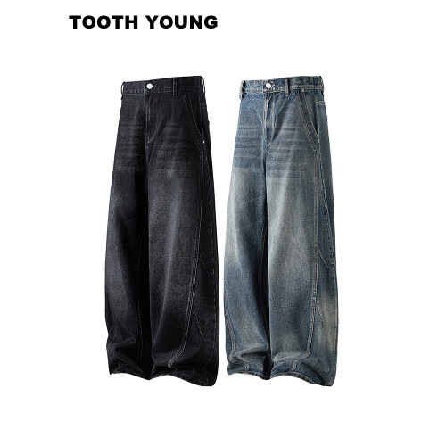 鄭一愛穿搭【街頭入場券】水洗做舊高街男裝春秋彎刀大碼牛仔褲