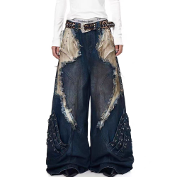 美式重工解搆毛邊拼接工裝牛仔褲男士潮牌做舊髒染亞文化y2k褲子