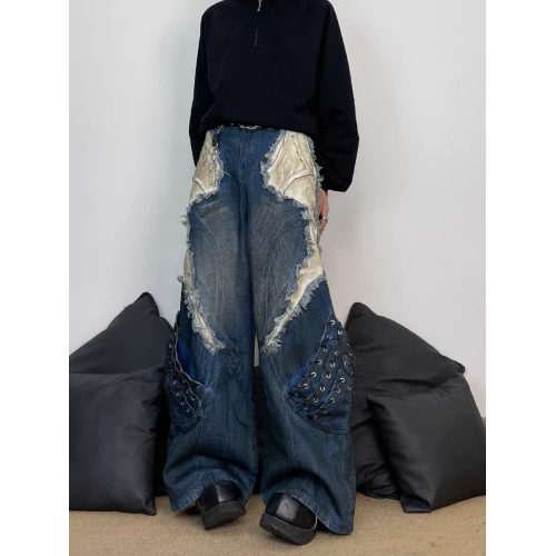 美式重工解搆毛邊拼接工裝牛仔褲男士潮牌做舊髒染亞文化y2k褲子