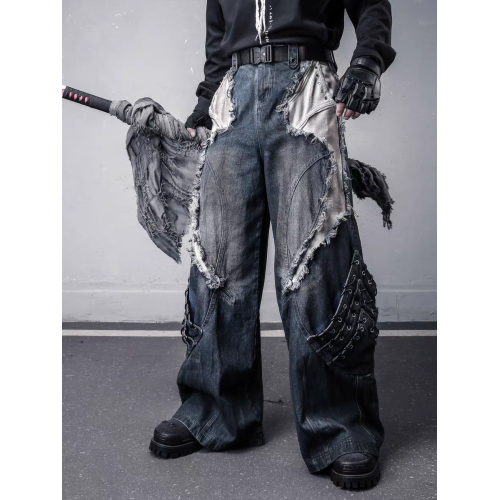 美式重工解搆毛邊拼接工裝牛仔褲男士潮牌做舊髒染亞文化y2k褲子