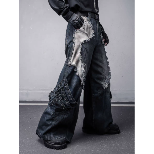 美式重工解搆毛邊拼接工裝牛仔褲男士潮牌做舊髒染亞文化y2k褲子