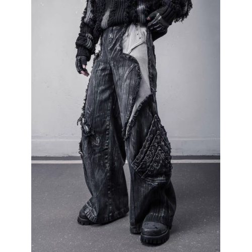 美式重工解搆毛邊拼接工裝牛仔褲男士潮牌做舊髒染亞文化y2k褲子