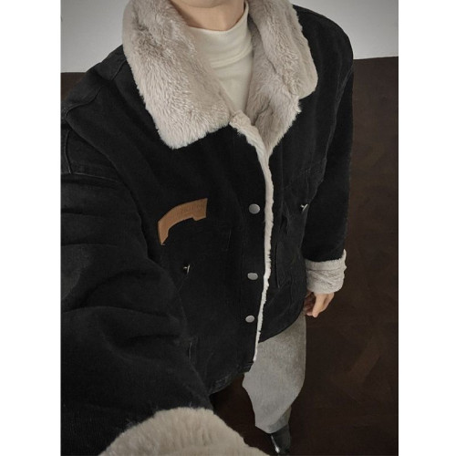 冬季羊羔絨加絨加厚保暖牛仔外套男女潮流寬鬆港風情侶棉衣棉服潮