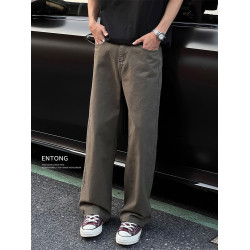 Entong美式潮牌復古咖色牛仔褲2025新款男潮流寬鬆大碼直筒長褲子