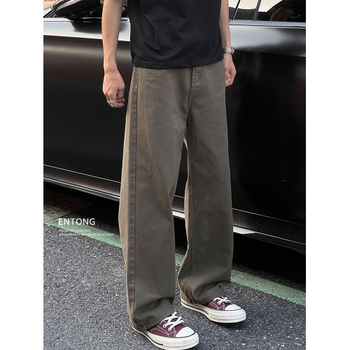 Entong美式潮牌復古咖色牛仔褲2025新款男潮流寬鬆大碼直筒長褲子