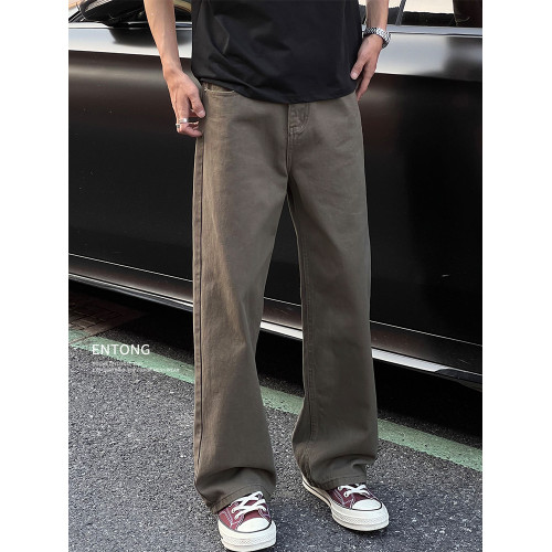 Entong美式潮牌復古咖色牛仔褲2025新款男潮流寬鬆大碼直筒長褲子