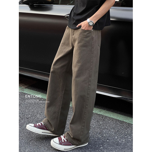 Entong美式潮牌復古咖色牛仔褲2025新款男潮流寬鬆大碼直筒長褲子