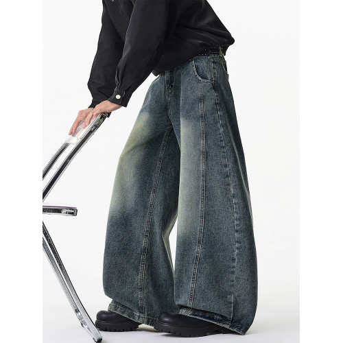 濶腿牛仔褲男士春秋款美式復古大碼長褲寬鬆直筒男生水洗工裝褲子