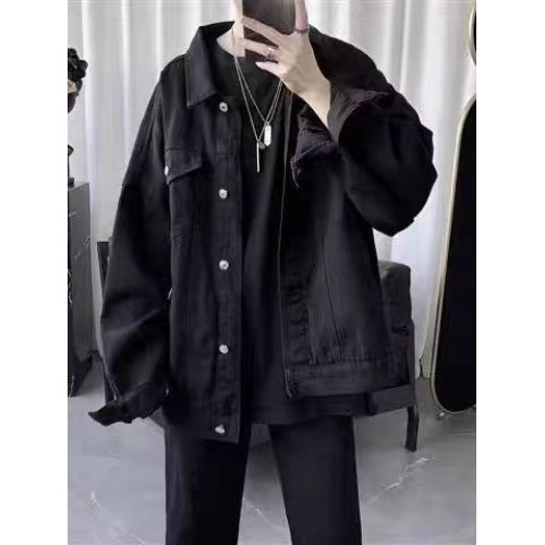 美式復古黑色牛仔夾克男春秋季套裝潮牌高街痞帥寬鬆休閒工裝外套