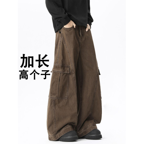 加長工裝褲男高個子大碼寬鬆加絨加厚冬季拖地褲190cm大口袋褲子