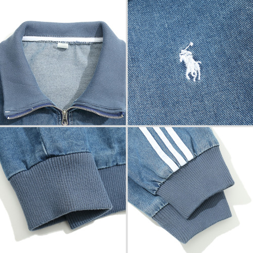 BMOB美式復古條紋牛仔外套男女情侶春秋新款時尚個性繙領夾克潮牌