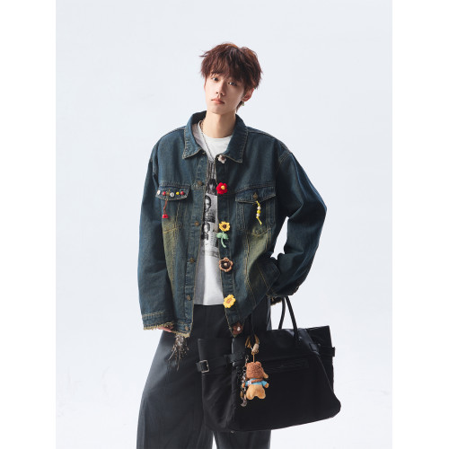 美式花朵刺綉牛仔外套男女冬季重磅做舊繙領上衣潮牌高街休閒夾克