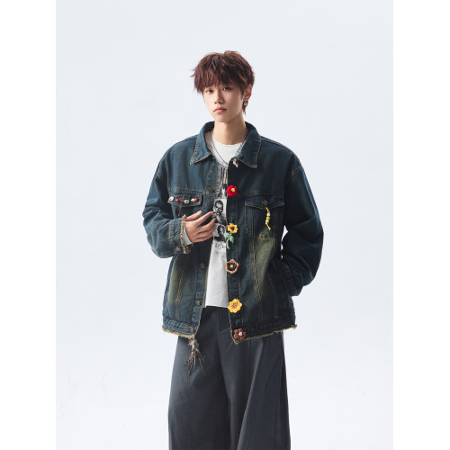 美式花朵刺綉牛仔外套男女冬季重磅做舊繙領上衣潮牌高街休閒夾克