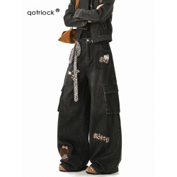 美式豹紋kt貓貼布牛仔褲男冬季潮牌寬鬆水洗大碼多口袋工裝拖地褲