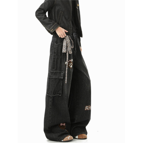 美式豹紋kt貓貼布牛仔褲男冬季潮牌寬鬆水洗大碼多口袋工裝拖地褲