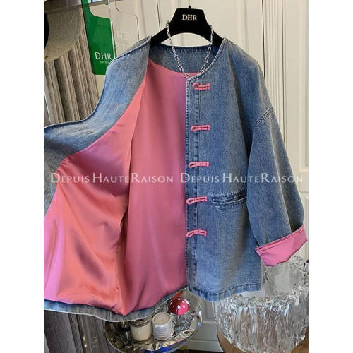 特大碼300斤新中式盤釦牛仔外套男女裝秋冬撞色寬鬆休閒夾克上衣2