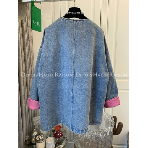 特大碼300斤新中式盤釦牛仔外套男女裝秋冬撞色寬鬆休閒夾克上衣2