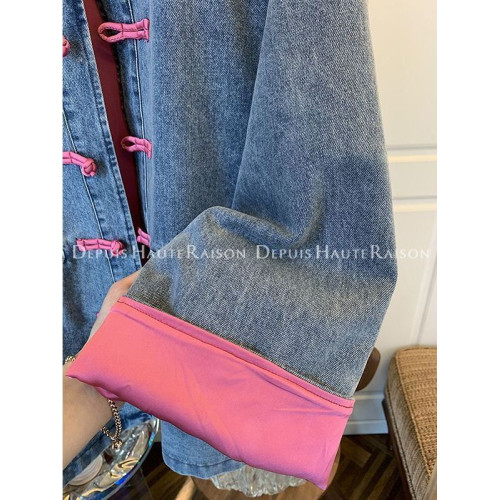 特大碼300斤新中式盤釦牛仔外套男女裝秋冬撞色寬鬆休閒夾克上衣2