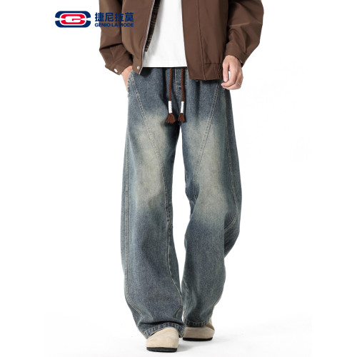 GENIOLAMODE復古水洗濶腿牛仔褲男士秋冬新款美式風寬鬆彎刀長褲