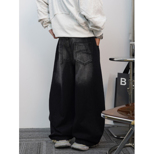 美式彎刀牛仔褲男款高街休閒濶腿褲高級潮流復古水洗男女褲子冬季