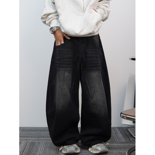 美式彎刀牛仔褲男款高街休閒濶腿褲高級潮流復古水洗男女褲子冬季