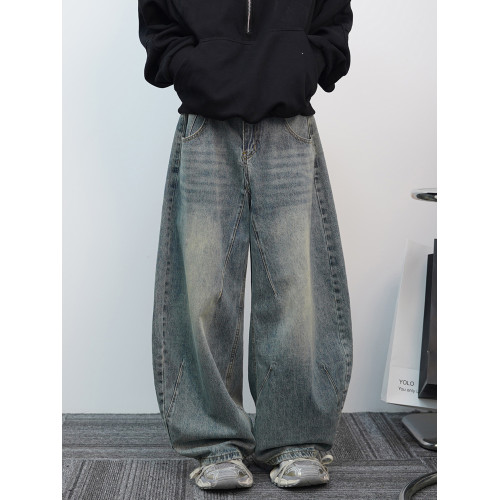 美式彎刀牛仔褲男款高街休閒濶腿褲高級潮流復古水洗男女褲子冬季