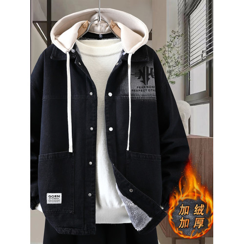 青少年秋冬季加絨加厚外套男孩大童寬鬆休閒牛仔夾克初中學生棉服