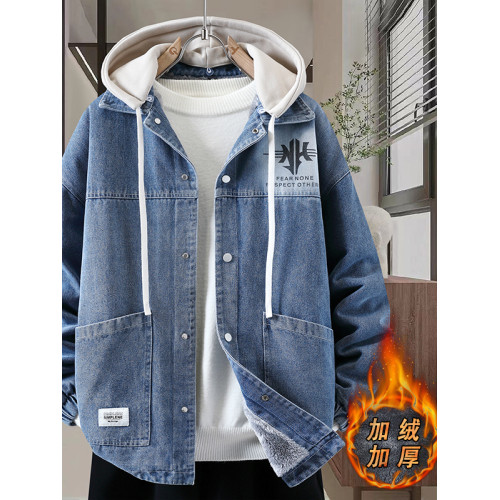 青少年秋冬季加絨加厚外套男孩大童寬鬆休閒牛仔夾克初中學生棉服