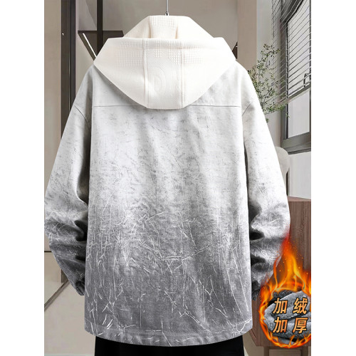 加絨加厚連帽牛仔外套男秋冬季時尚潮流漸變色夾克青少年男孩褂子