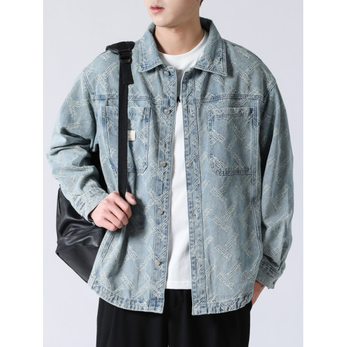 美式高街繙領提花牛仔外套男春春季2026新款寬鬆復古休閒男士夾克