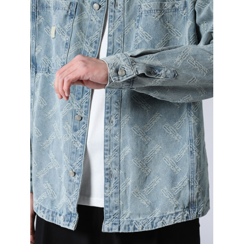 美式高街繙領提花牛仔外套男春春季2026新款寬鬆復古休閒男士夾克