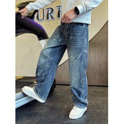 Oboy秋冬季美式高街潑墨彎刀牛仔褲男潮牌寬鬆濶腿褲痞帥直筒長褲