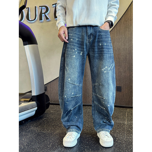 Oboy秋冬季美式高街潑墨彎刀牛仔褲男潮牌寬鬆濶腿褲痞帥直筒長褲