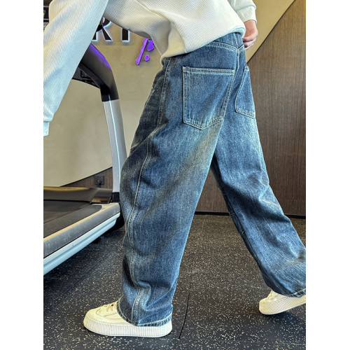 Oboy秋冬季美式高街潑墨彎刀牛仔褲男潮牌寬鬆濶腿褲痞帥直筒長褲