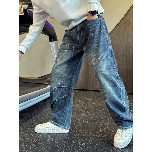 Oboy秋冬季美式高街潑墨彎刀牛仔褲男潮牌寬鬆濶腿褲痞帥直筒長褲