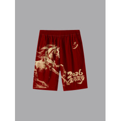 2026馬年新年本命年馬到成功春節速乾短褲子男士五分褲沙灘褲中褲